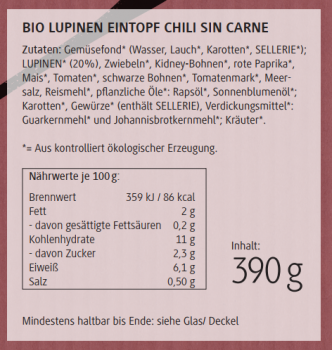 BIO Lupinen-Eintopf, Chili sin Carne 390g / Glas